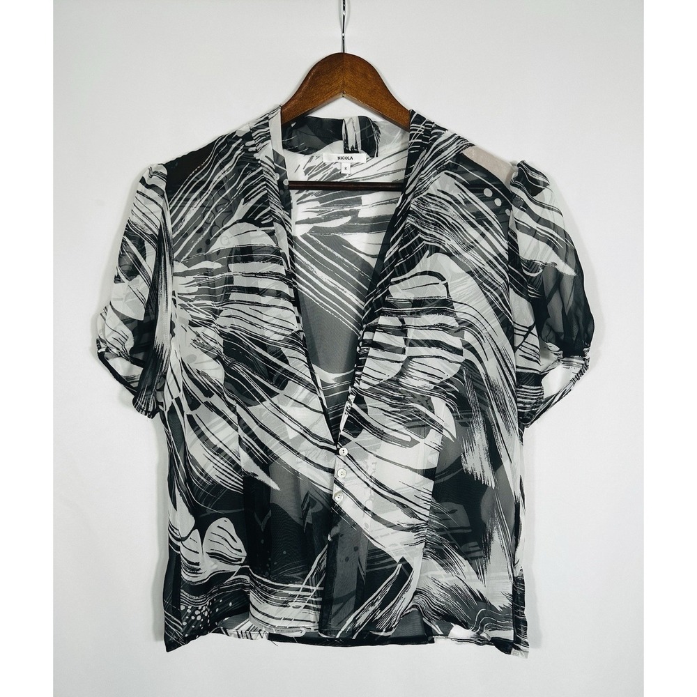 Vintage Y2K Sheer Geo Button Up Blouse Oversized Top Size S Deep V‎ Fairy Grunge